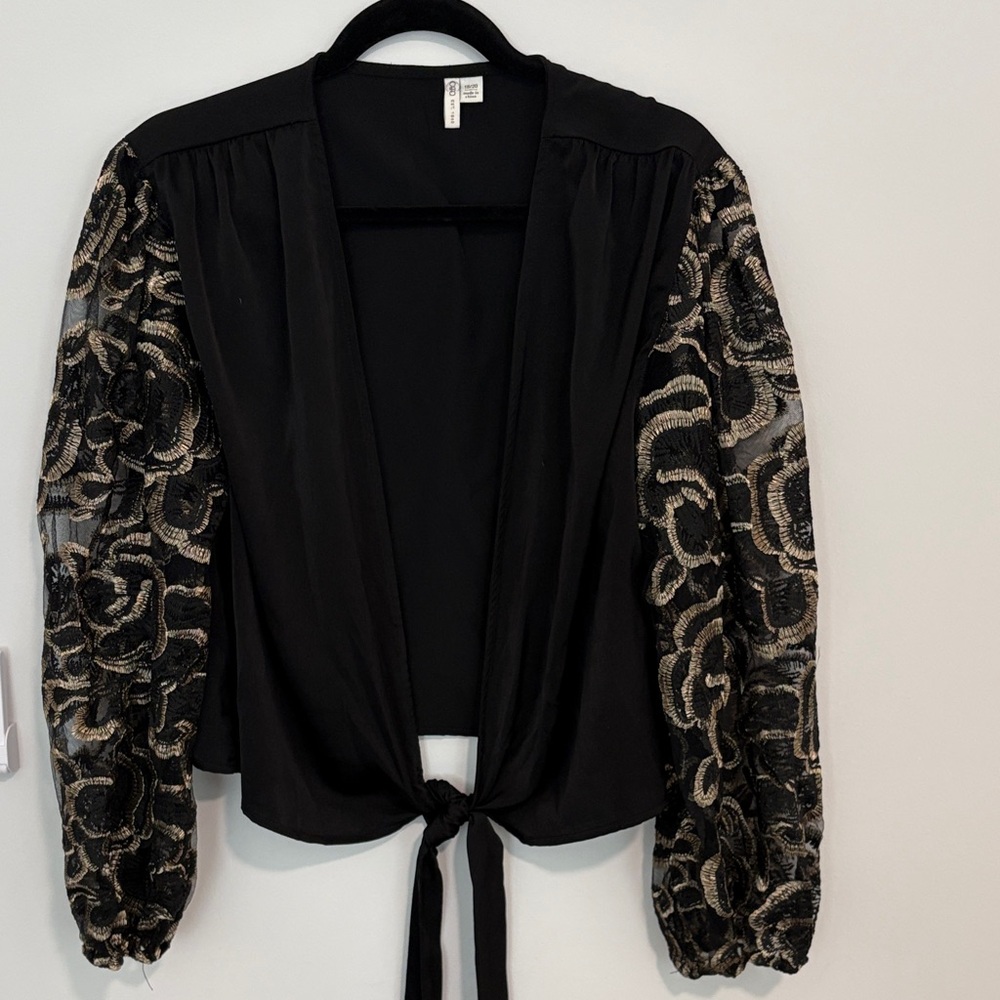 Cato Black Tie-Front Blouse with Gold Embroidered Sleeves